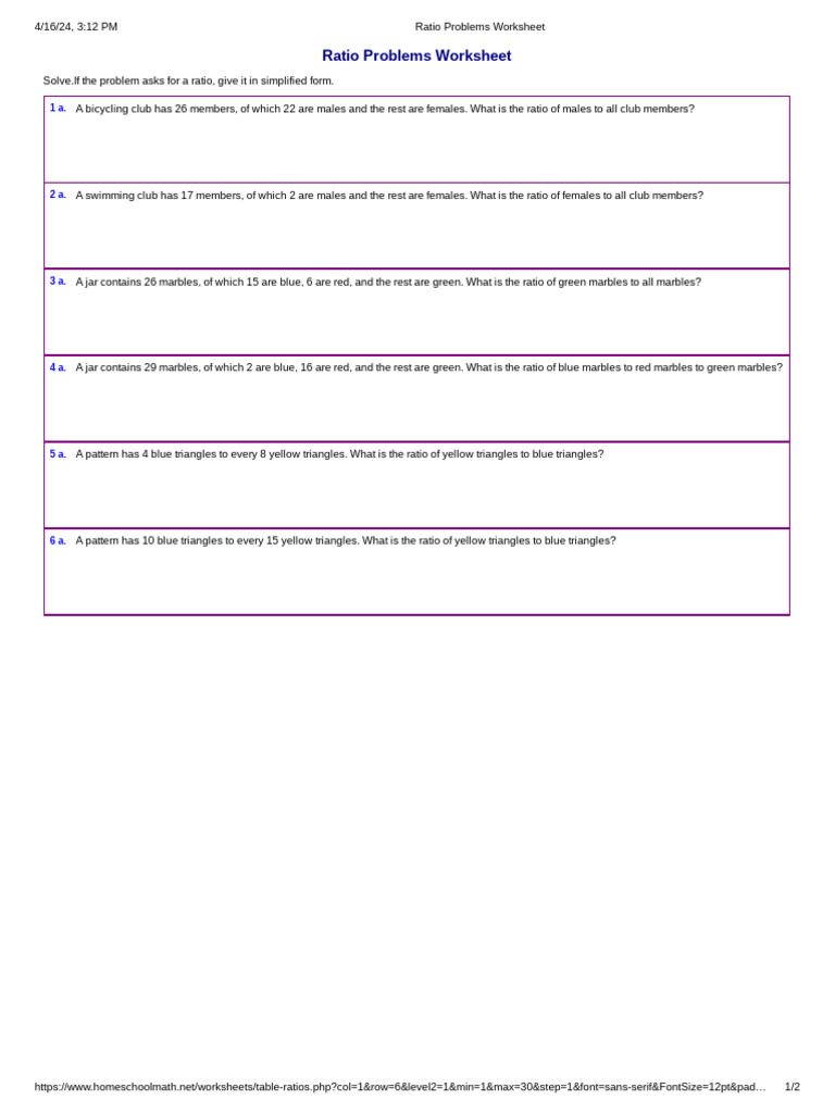 Ratio Problems Worksheet PDF