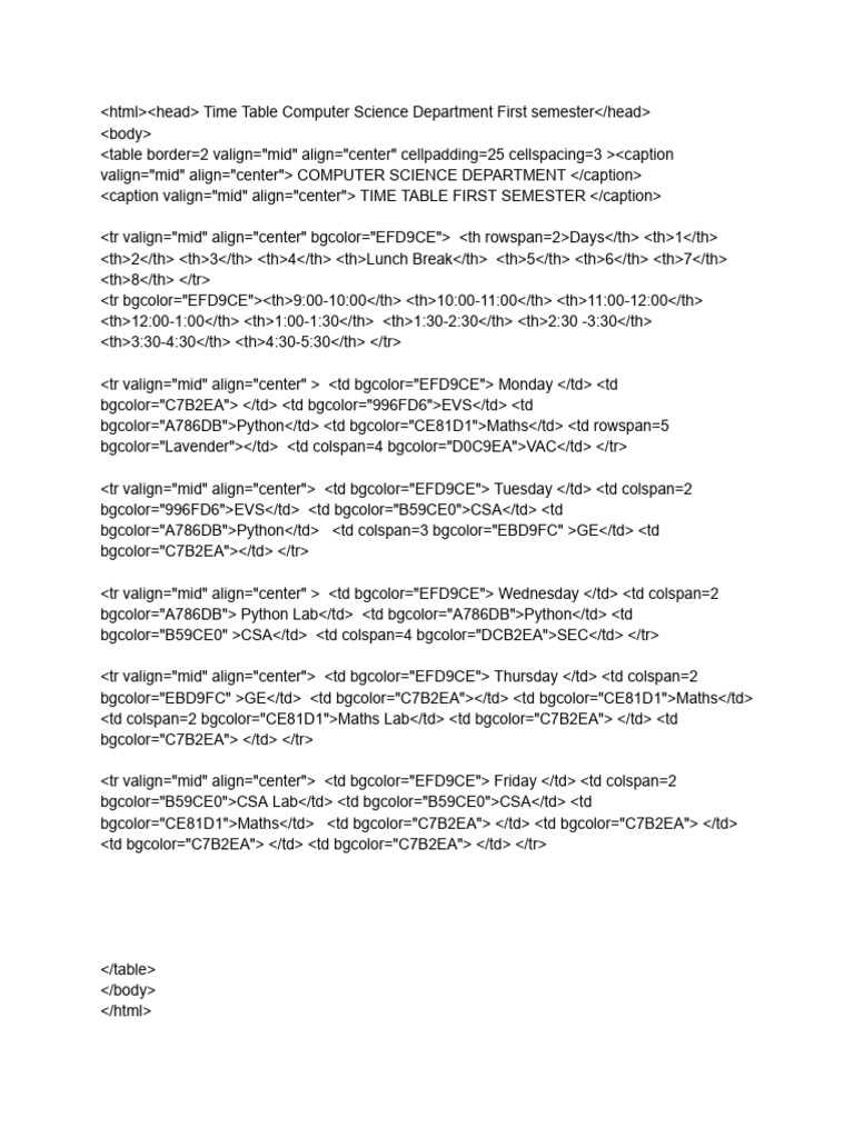Time Table HTML File | PDF