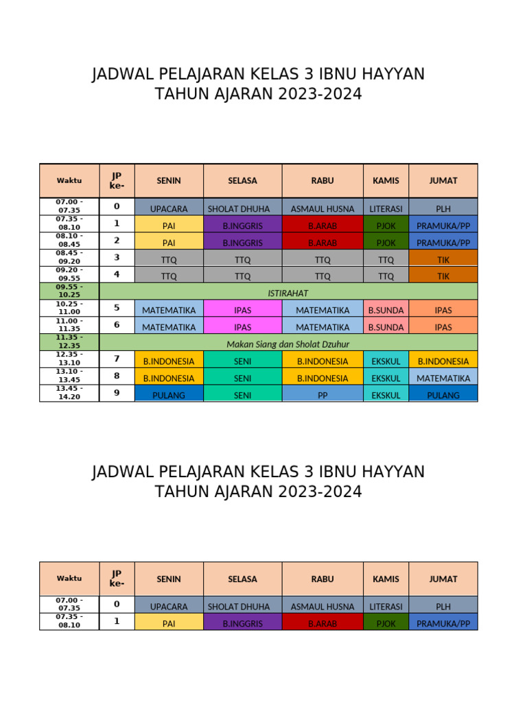 JADWAL PELAJARAN KELAS 3 IBNU HAYYAN (print) | PDF