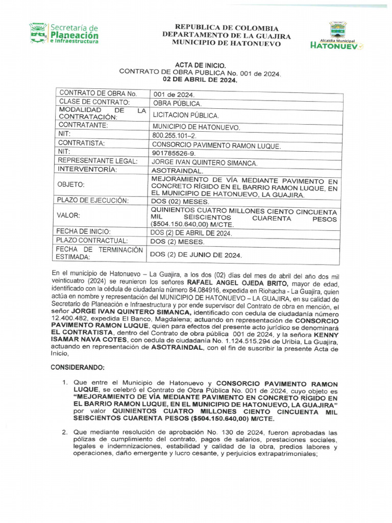 Acta de Inicio Contrato de Obra 001 de 2024 | PDF
