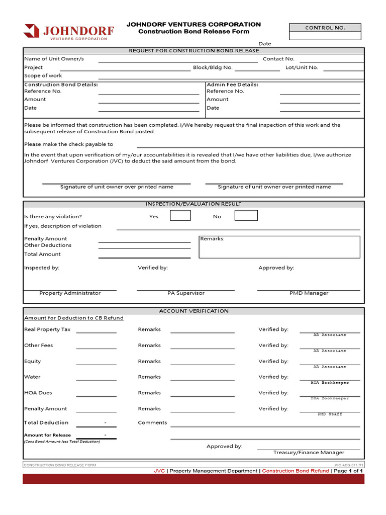 PMD-FM-13 JVC Construction Bond Release Form (Accounting) 2024 0315 | PDF