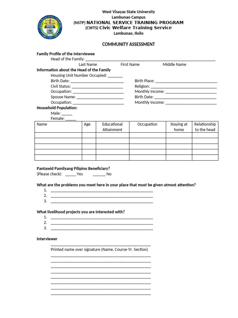NSTP CWTS Community Assessment Form | PDF
