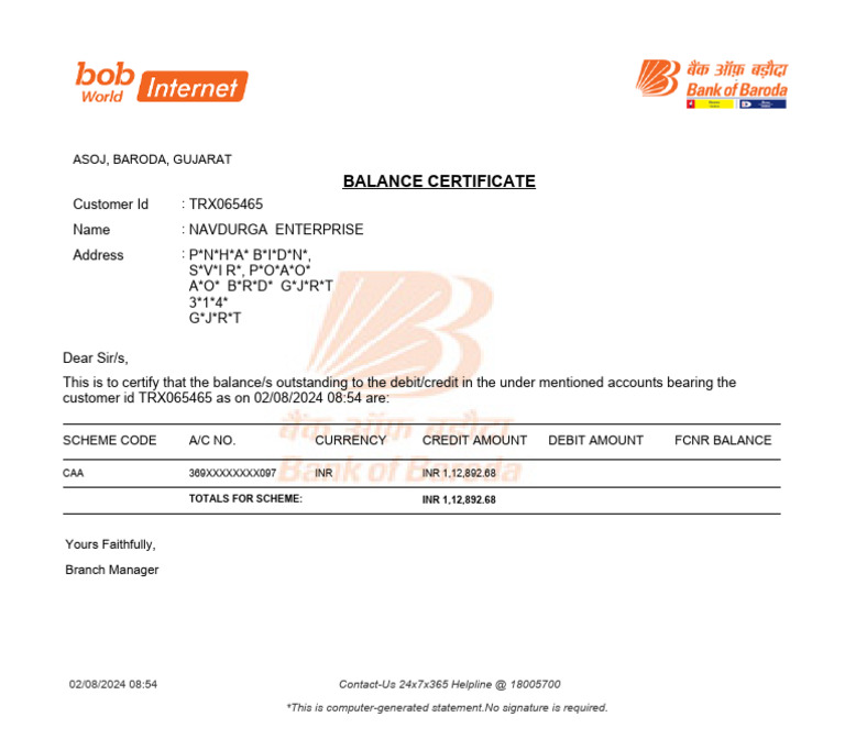 Balance Certificate: Asoj, Baroda, Gujarat | PDF