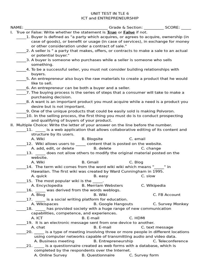 Unit Test in Tle 6 | PDF