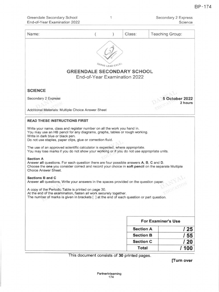 Greendale secondary eoy 2022 sec 2 science group 3 pdf