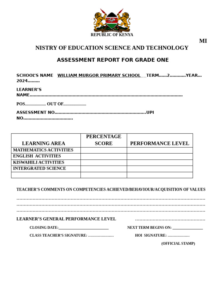 Assessment Report For Grade 2 | PDF