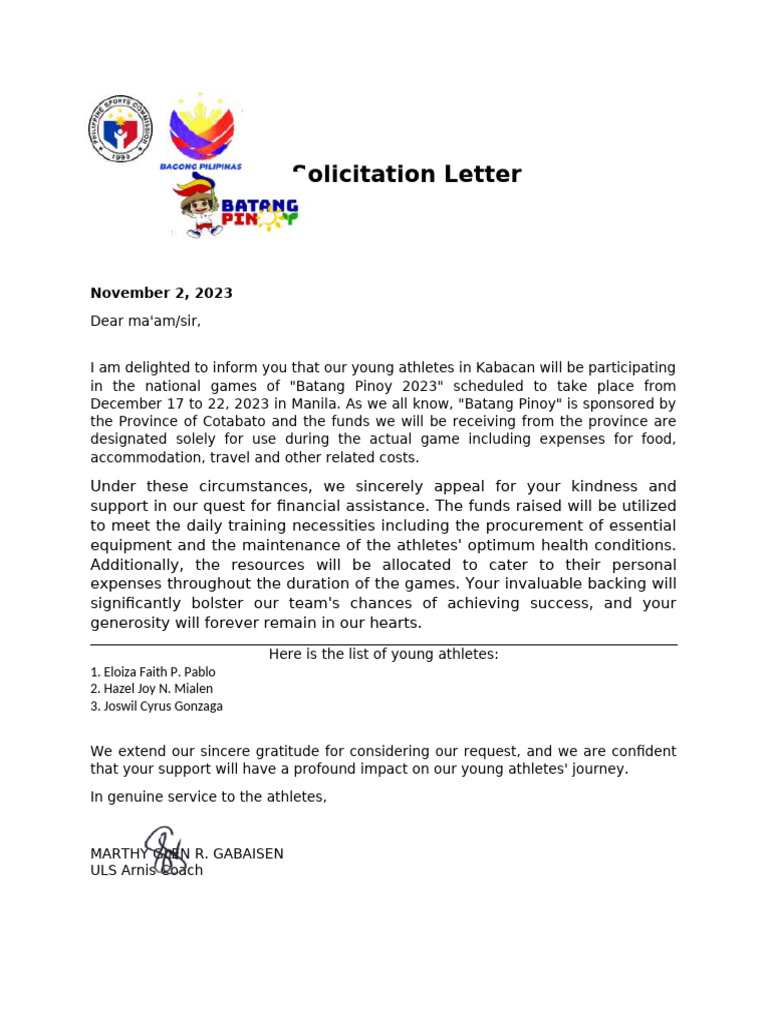 Solicitation for Batang Pinoy 2023 Support | PDF