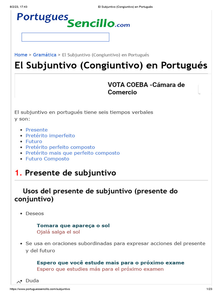 El Subjuntivo (Congiuntivo) en Portugués | PDF | Verbo | Semántica