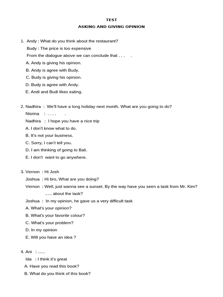 Soal Asking And Giving Opinion Pdf Junk Food