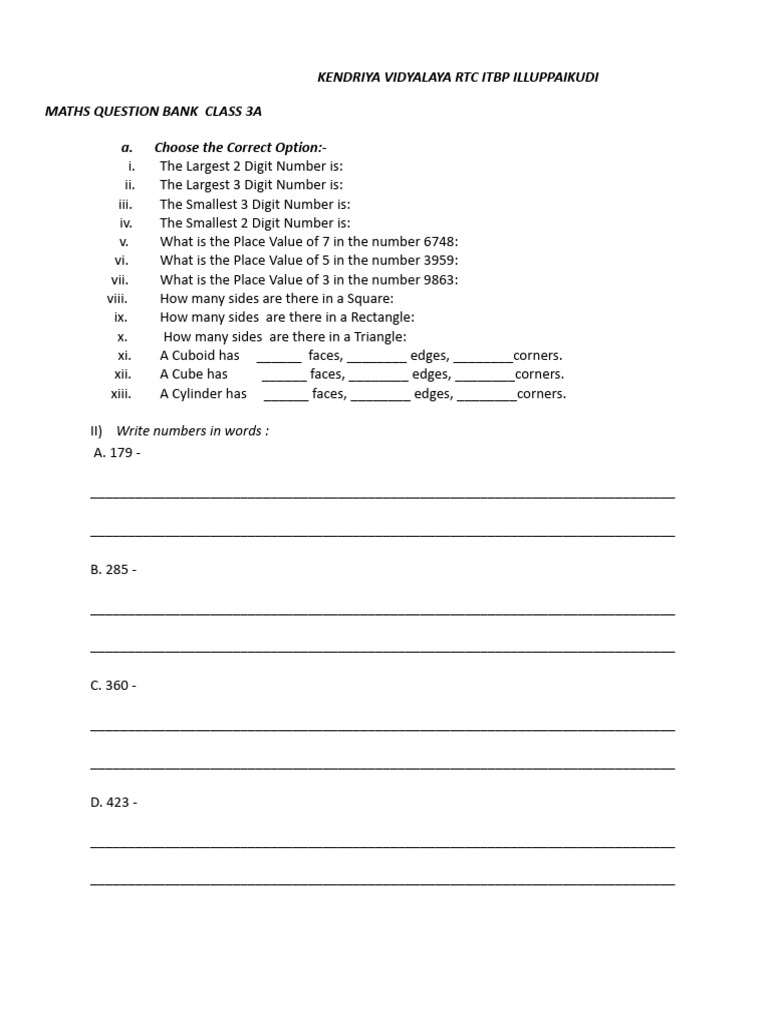 Question Bank Class 3a | PDF
