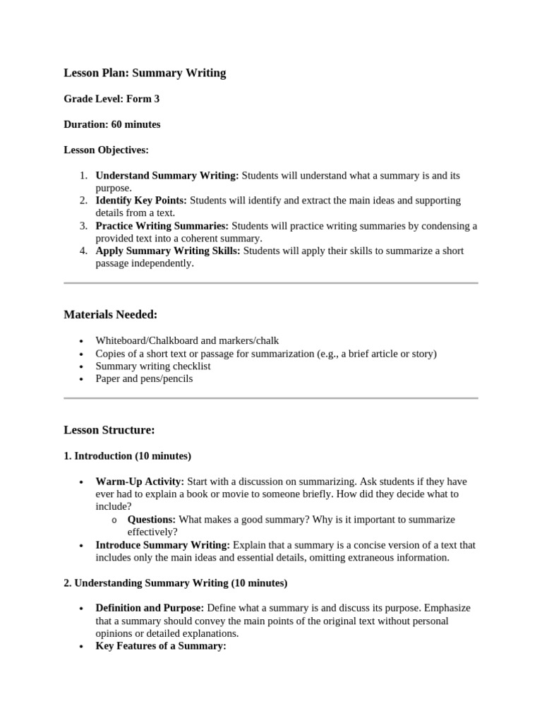 Lesson Plan-Summary Writing | PDF