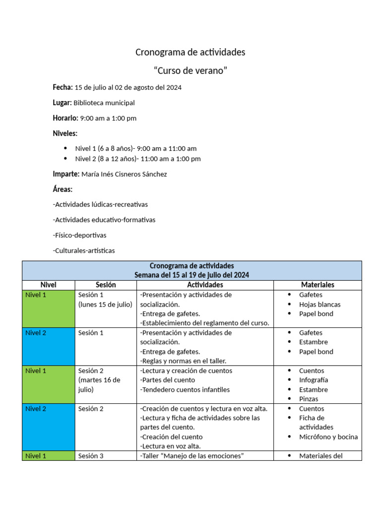 Cronograma de Actividades-Curso de Verano | PDF