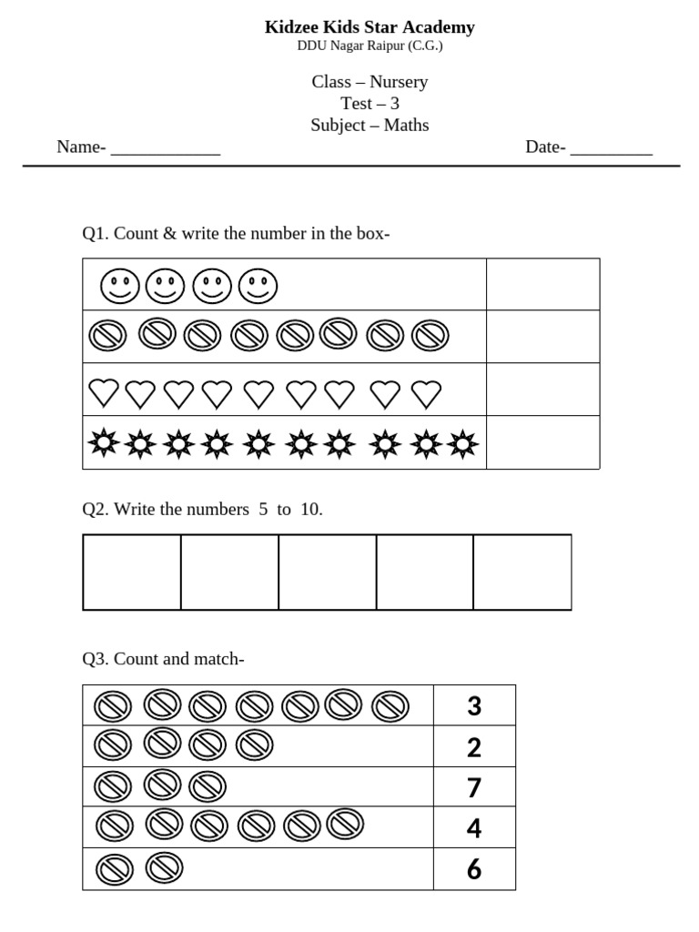Nursery Maths Test Paper | PDF