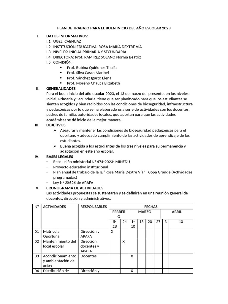 Plan de Trabajo para El Buen Inicio Del Año Escolar 2023 | PDF
