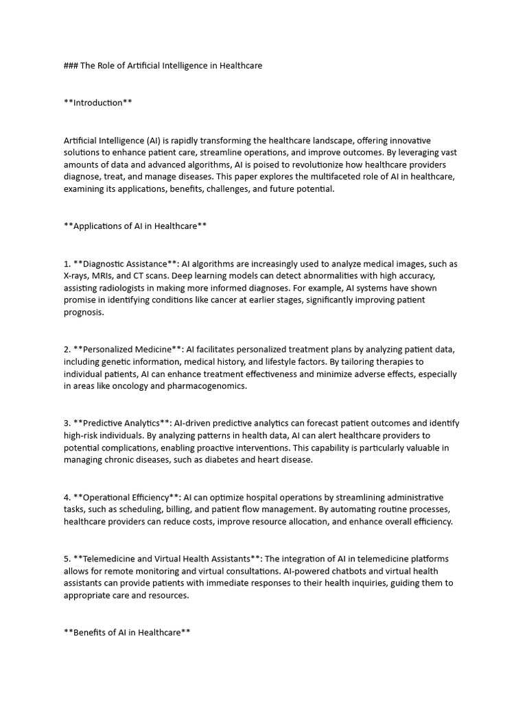 The Role of Artificial Intelligence in Healthcare | PDF
