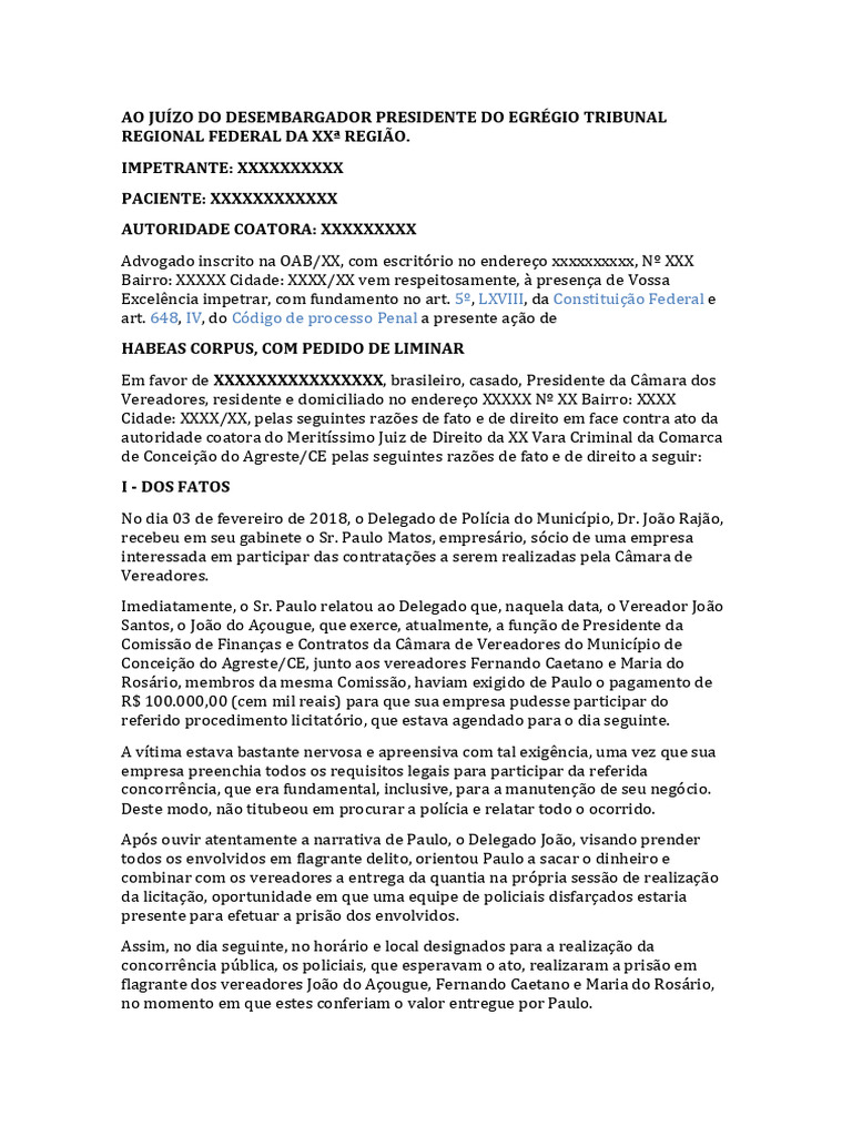Modelo de Peca Habeas Corpus Com Pedido Liminar | PDF