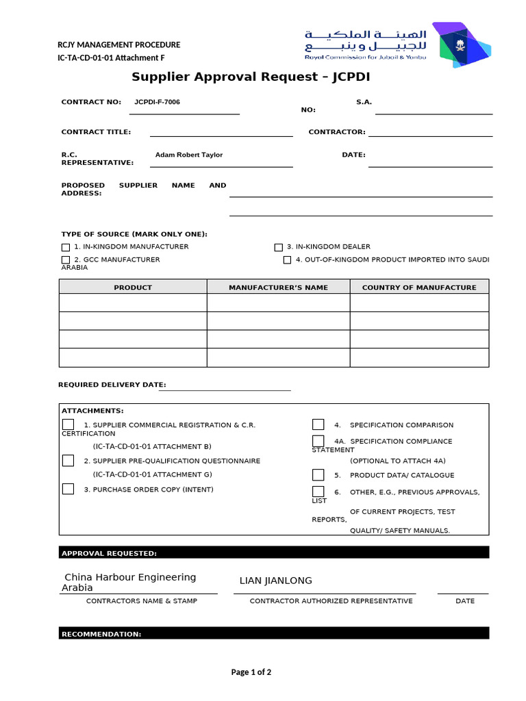 IC-TA-CD-01-01 Attachment F - Supplier Approval Request Form | PDF