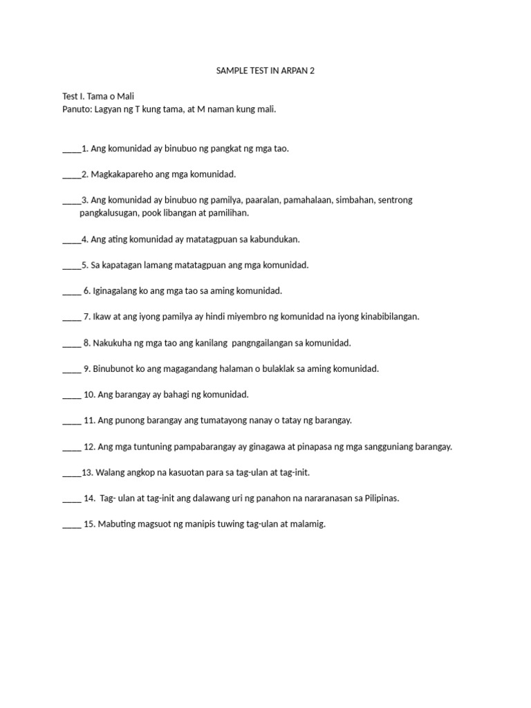 SAMPLE TEST IN ARPAN 2 1st Quarter | PDF