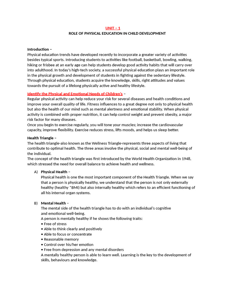 UNIT - 1 Role of Physical Education in Child Development | PDF