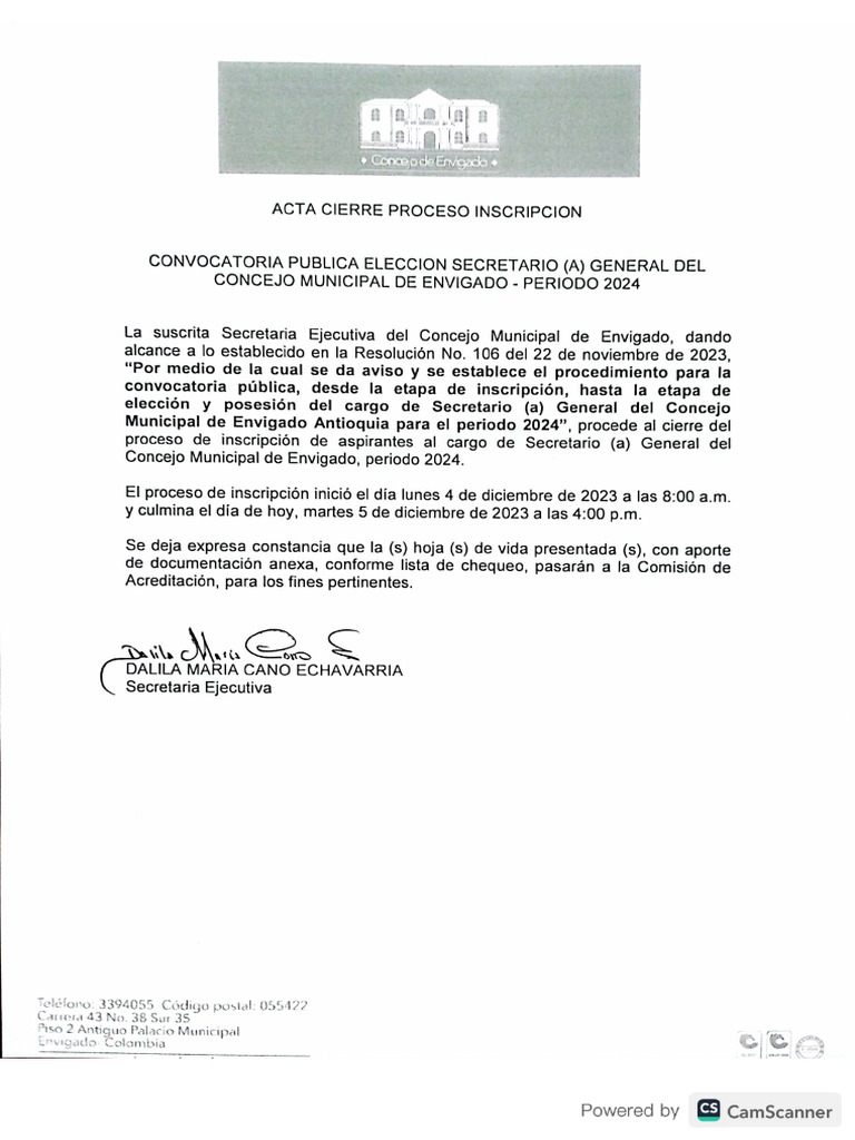 Acta de Cierre Proceso de Inscripcion | PDF