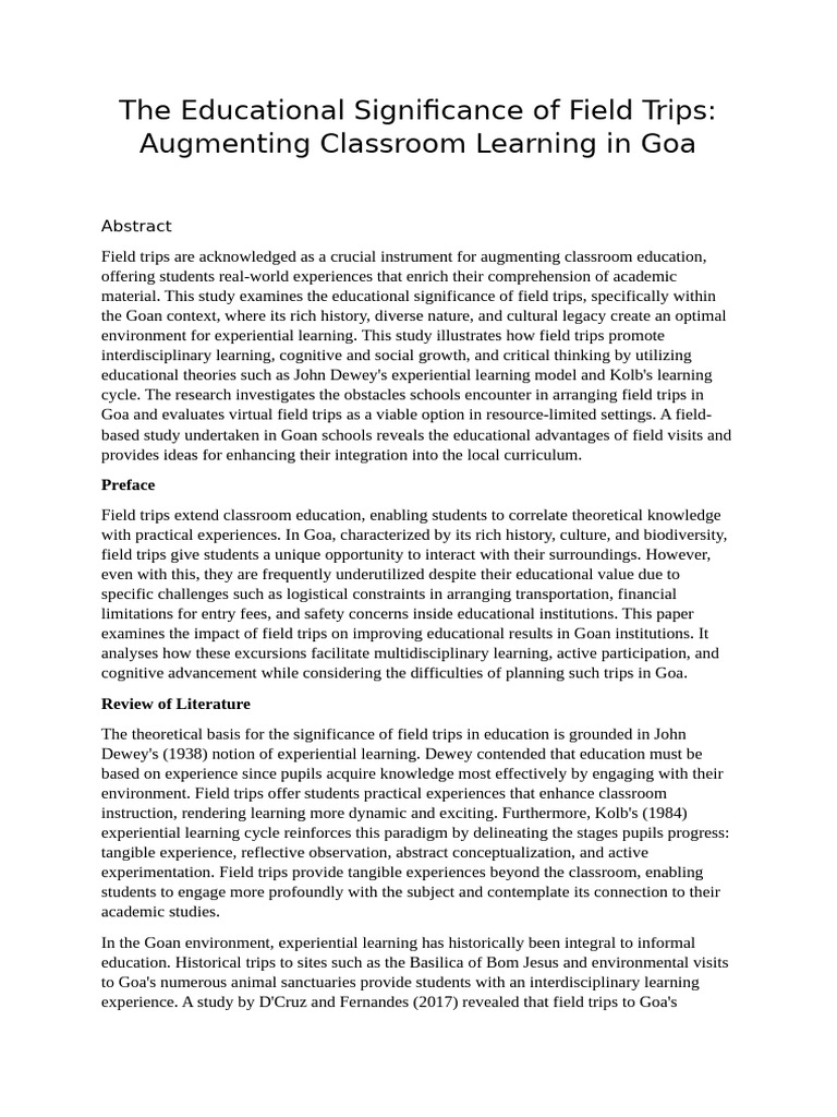 The Educational Significance Of Field Trips Augmenting Classroom