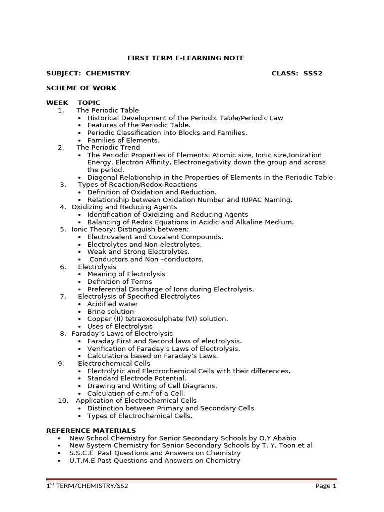Chemistry SSS2 First Term Notes | PDF | Ion | Redox