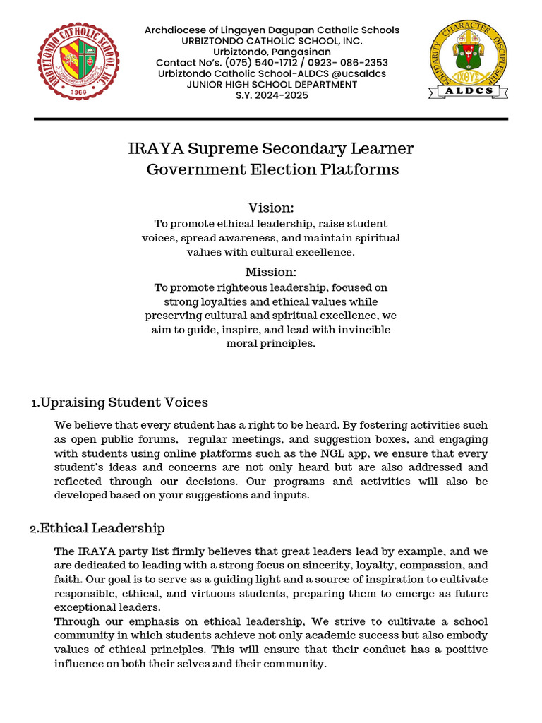 IRAYA Supreme Secondary Learner Government Election Platforms | PDF