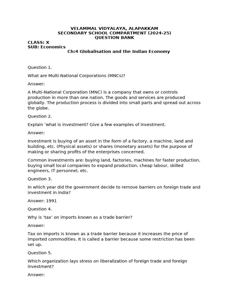 CLASS 10 Globalisation and The Indian Economy 2024-25 | PDF ...