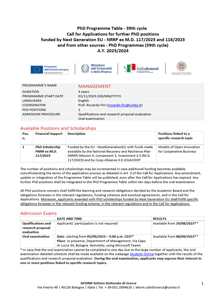 39 - PNRR - 2 - PHD Programme Table - Management | PDF