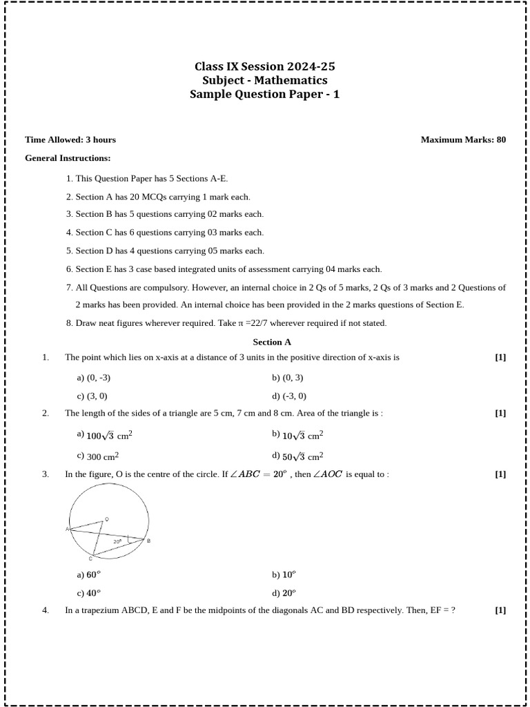 Class IX Session 2024-25 Subject - Mathematics Sample Question Paper ...