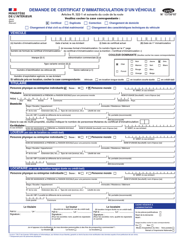 Demande de Certificat D'Immatriculation D'Un Véhicule: Cerfa | PDF