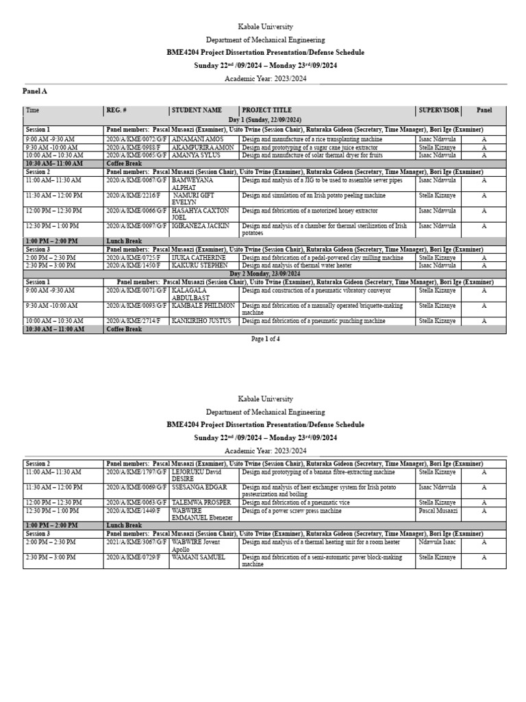 Mechanical Engineering Project Defense Schedule | PDF