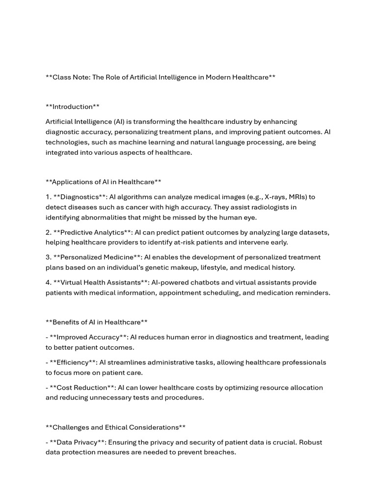The Role of Artificial Intelligence in Modern Healthcare | PDF