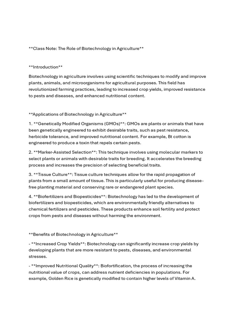 The Role of Biotechnology in Agriculture | PDF