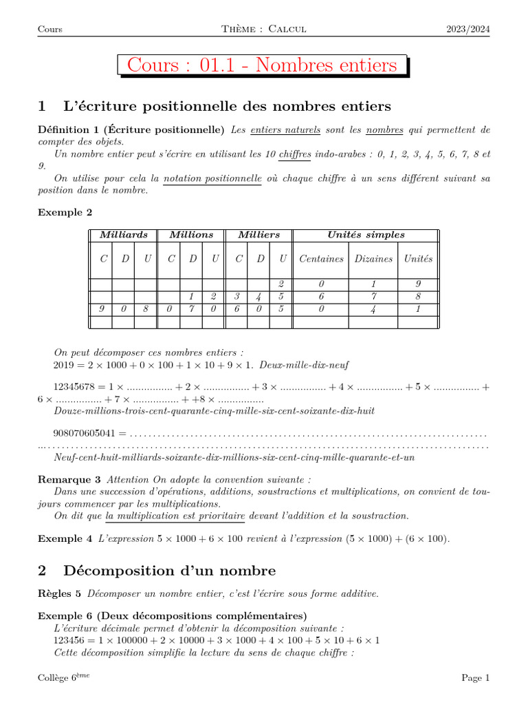 01 6e Cours NombresEntiers P1 | PDF