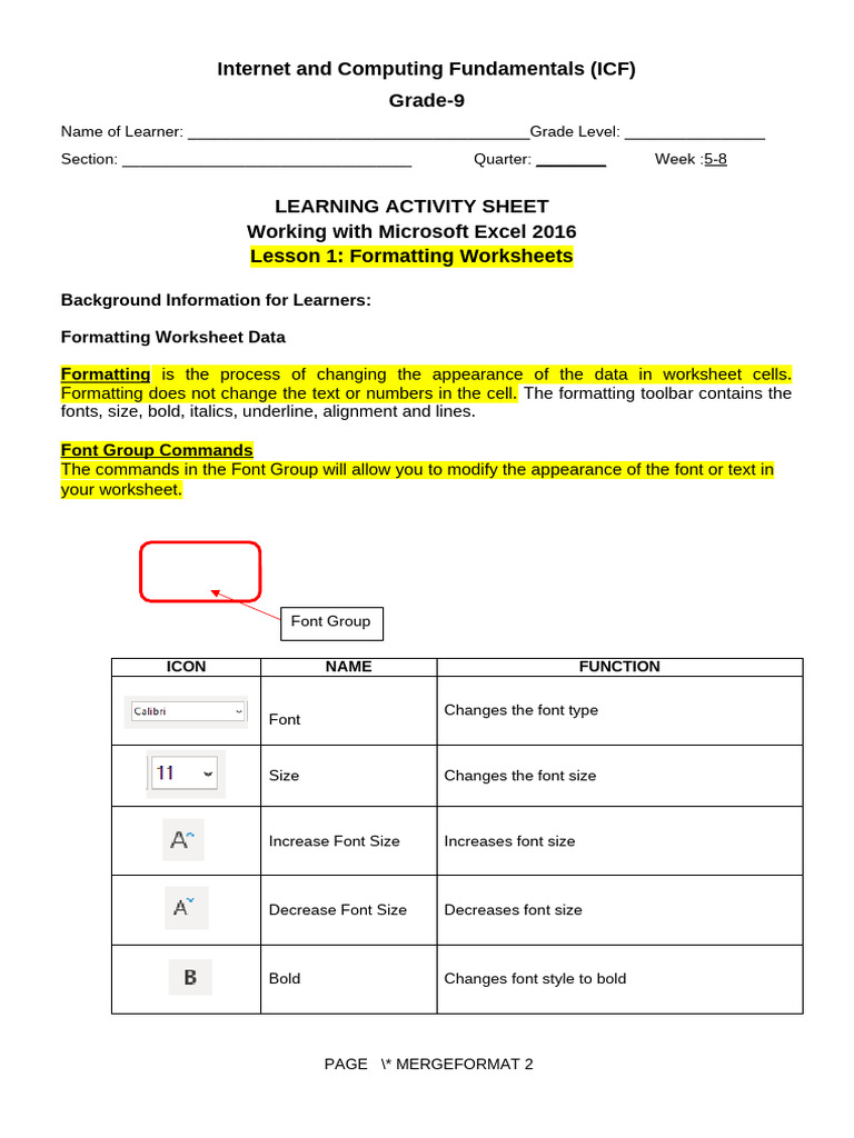 Excel 2016 Formatting Guide for Students | PDF | Icon (Computing ...