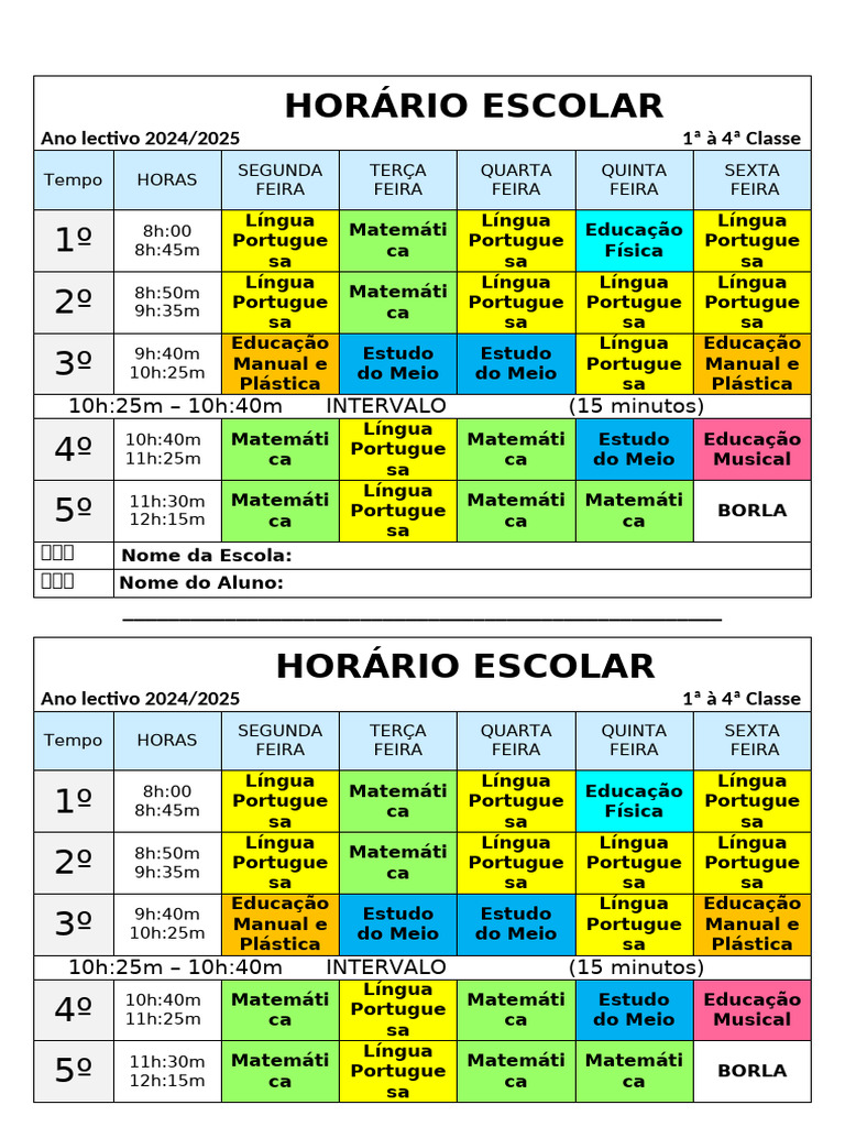 HORÁRIO ESCOLAR - Colorido | PDF