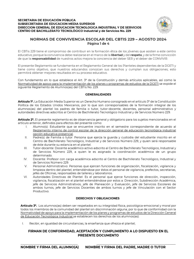Normas de Convivencia CBTis 229 2024 | PDF | Maestros | Crecimiento ...