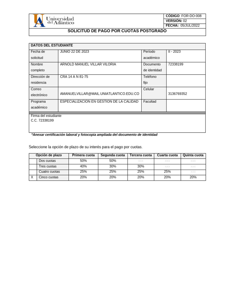 Formato De Solicitud De Pago Por Cuotas Pdf