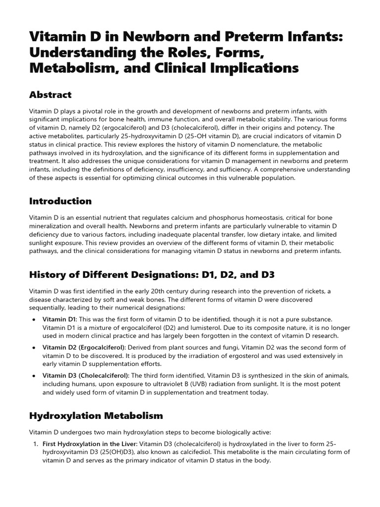 Vitamin d in newborn and preterm infants understanding the roles