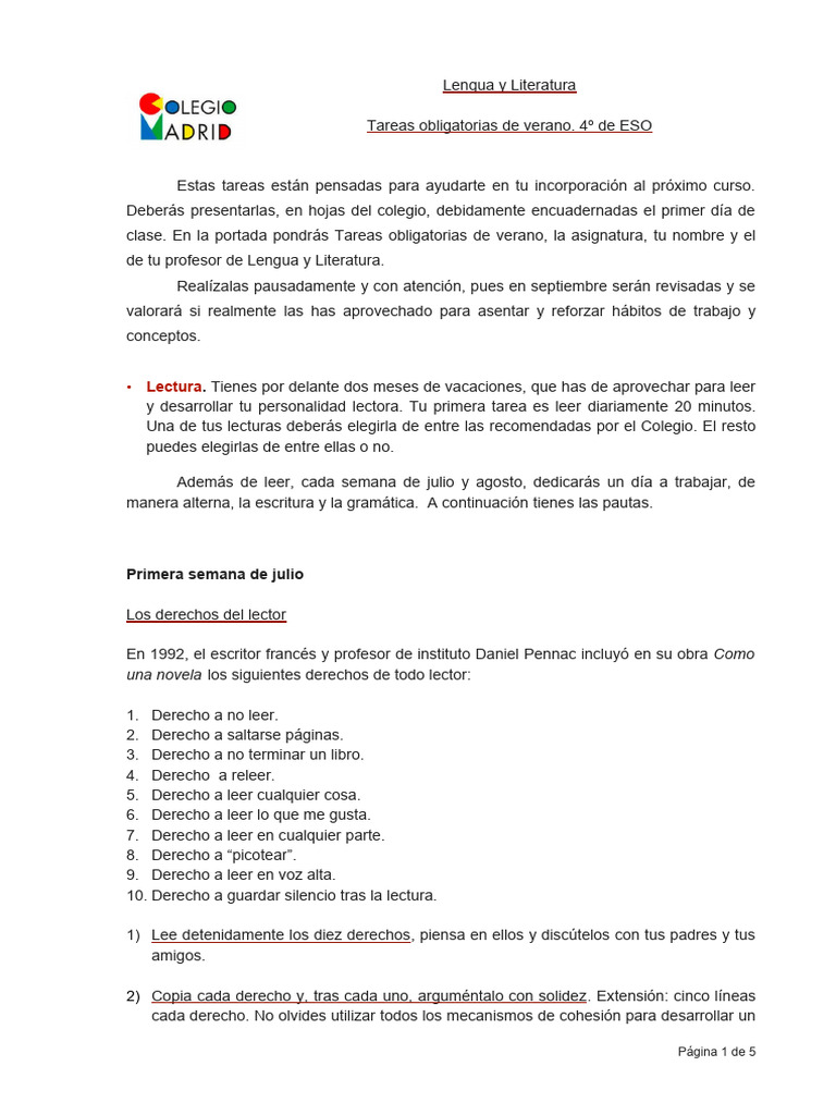 Tareas de Lengua y Literatura 4º ESO | PDF | Sintaxis | Artes del ...