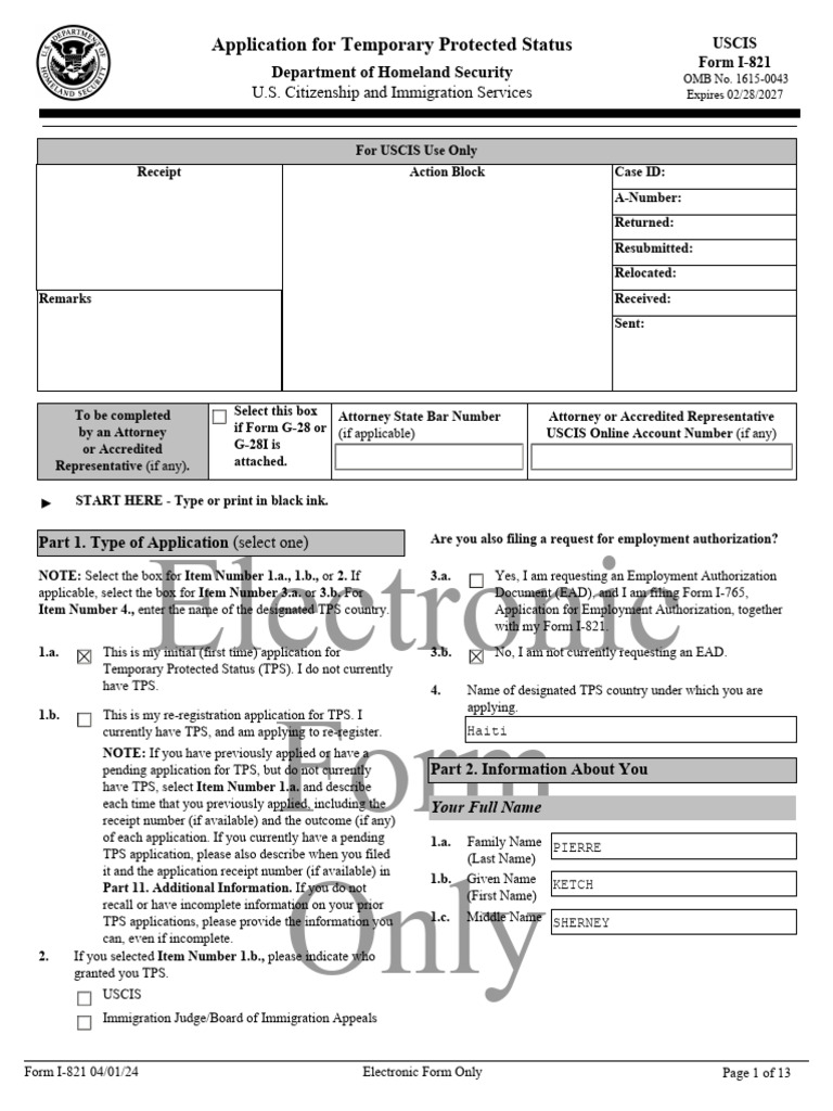 Electronic Form Only: Application For Temporary Protected Status | PDF