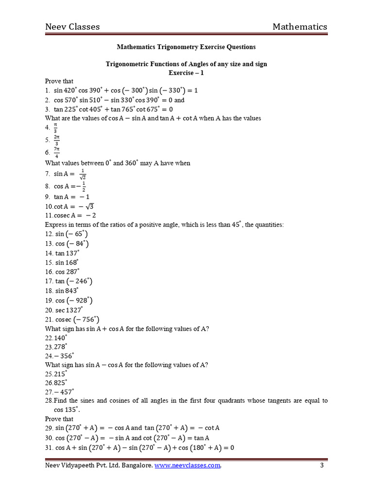 Trigonometry Exercises for Class 11 | PDF | Trigonometric Functions ...