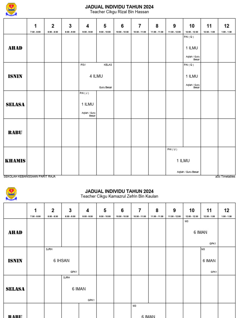 Jadual Individu Sekolah Parit Raja 2024 | PDF