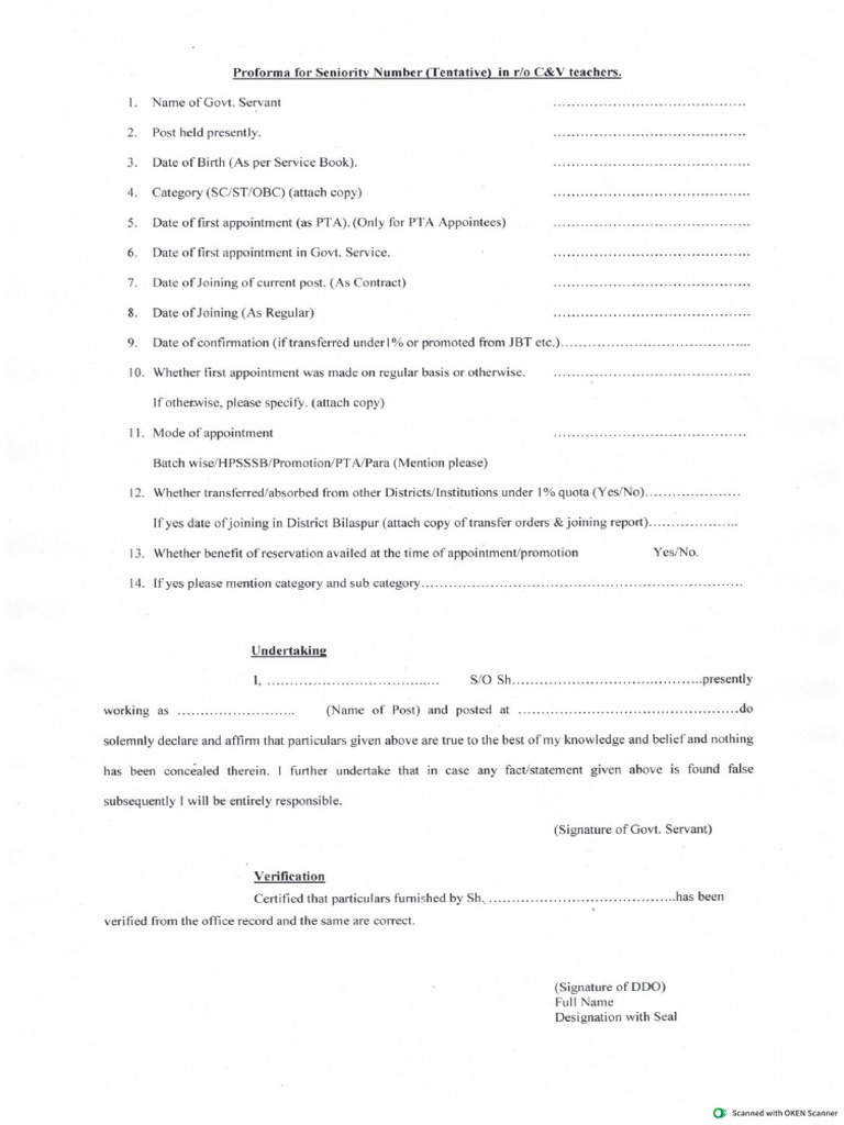 Seniority Performa For C V Teachers | PDF