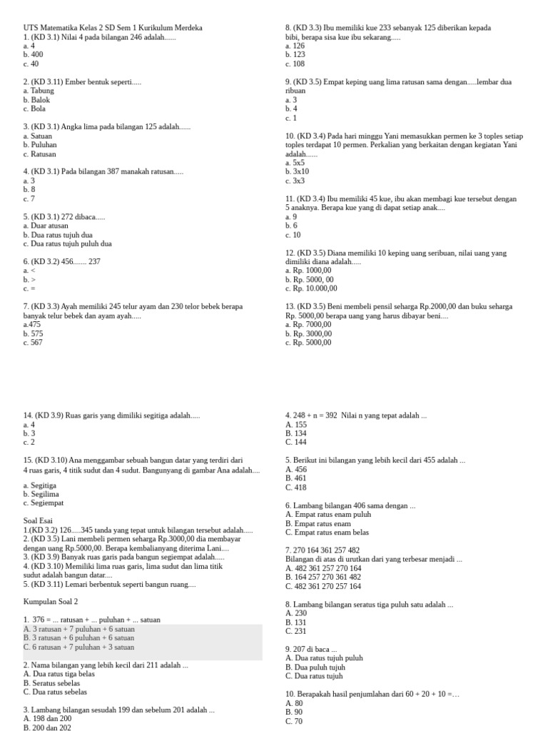 UTS Matematika Kelas 2 SD Sem 1 Kurikulum Merdeka | PDF