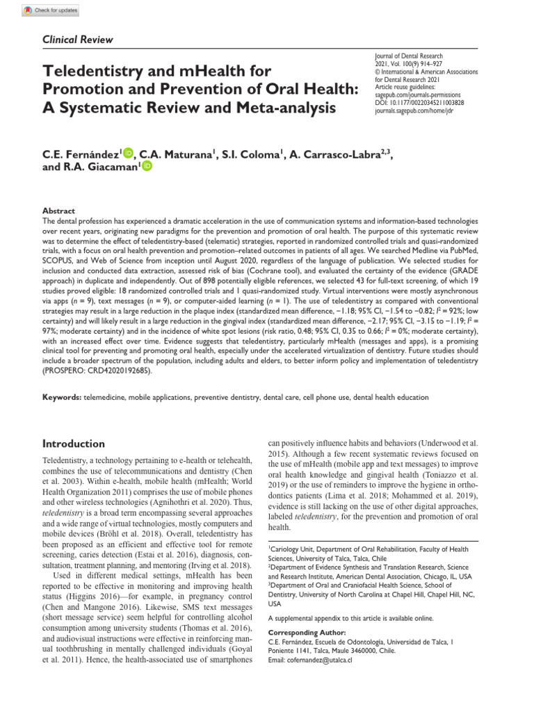 Teledentistry for Oral Health Promotion | PDF | Systematic Review ...