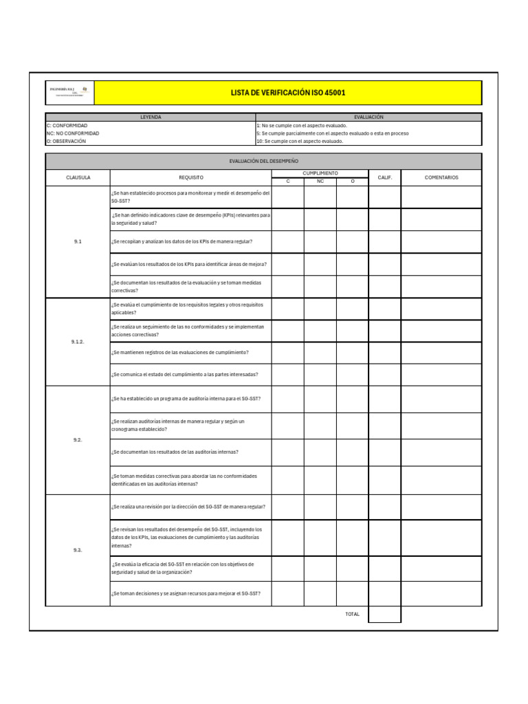 Lista de Verifiación Iso 45001 | PDF