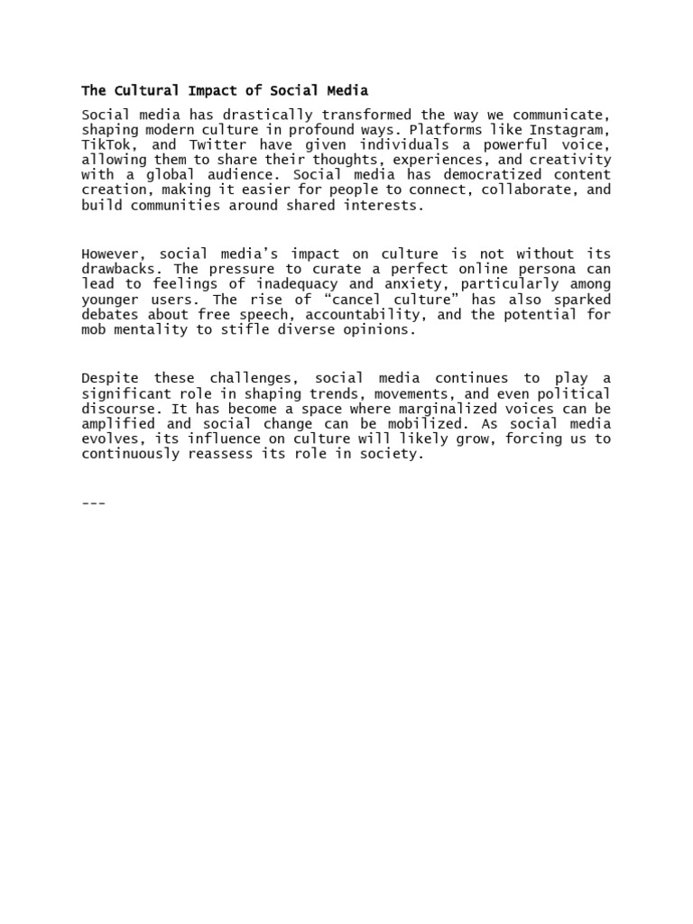 UPLD - CGPT - 92224 - The Cultural Impact of Social Media | PDF | History