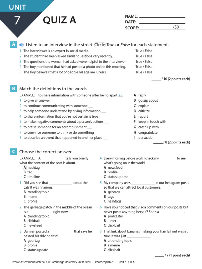Evolve L4 Unit 7 Quiz A | PDF